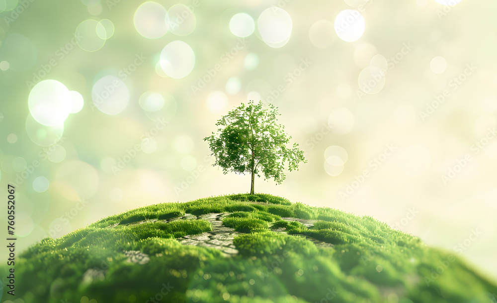 Tree on moss with bokeh background. Ecology and environment concept.Lone Tree Amidst Ethereal Morning Dew: A Serene Landscape Bathed in Soft Sunlight Tree on moss with bokeh background. Ecology and environment concept.Lone Tree Amidst Ethereal Morning Dew: A Serene Landscape Bathed in Soft Sunlight