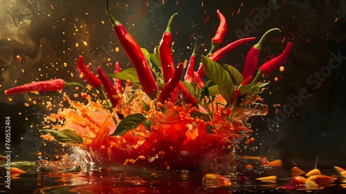 Bursting chili peppers unleashing a tsunami of fiery spice