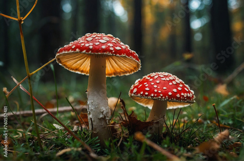 beautiful closeup of forest fly agaric mushrooms