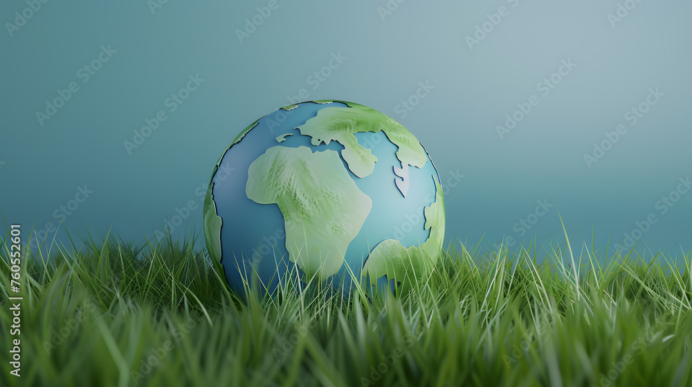 Globe on the green grass. 3d render. Earth Day.Globe Amidst Nature: A Harmony of Earth and Grass Globe on the green grass. 3d render. Earth Day.Globe Amidst Nature: A Harmony of Earth and Grass
