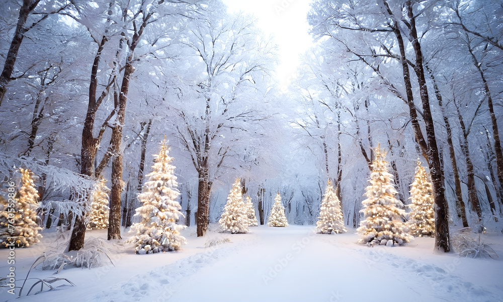 Obraz premium A snowy forest in the winter time Christmas tree background and winter background blur 