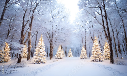 A snowy forest in the winter time Christmas tree background and winter background blur 