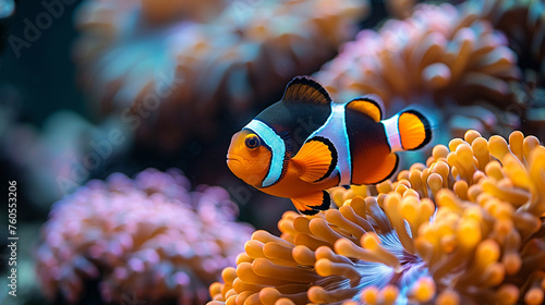 Clown fish (Amphiprion ocellaris) living in its habitat in a Sea anemone