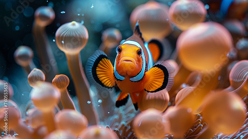 Clown fish (Amphiprion ocellaris) living in its habitat in a Sea anemone photo
