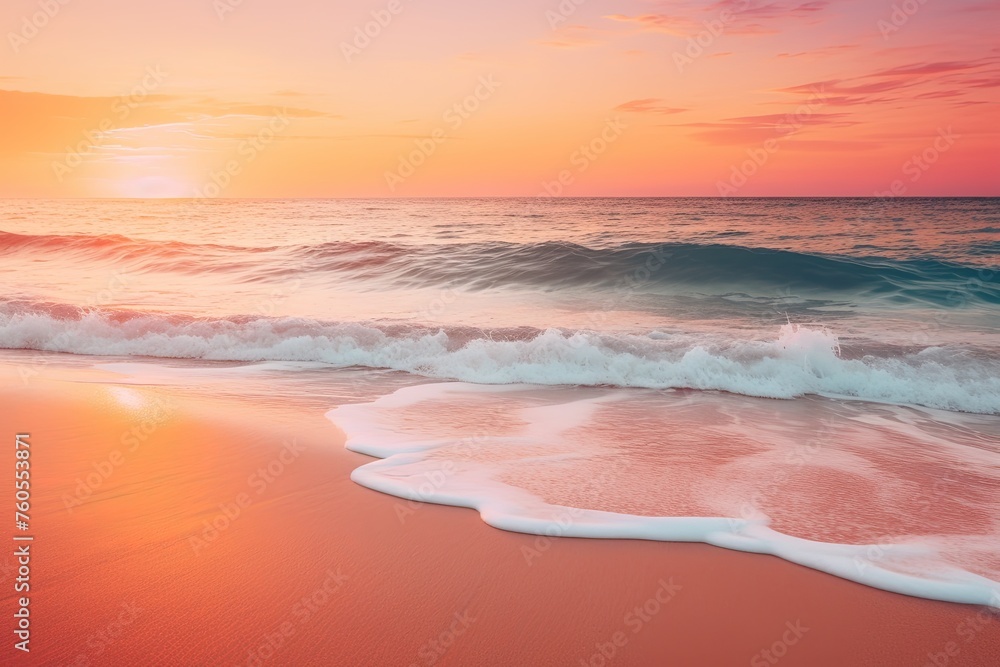 A serene beach at sunset, with the golden rays casting a warm glow on the sand and gently crashing waves.
