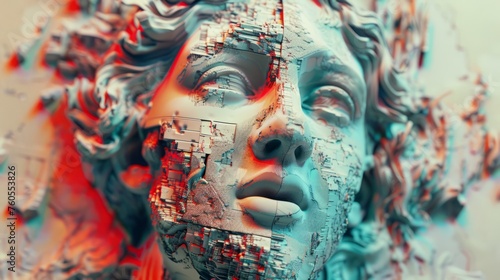 3D portrait of an antique sculpture with a glitch effect. Cyberpunk style. Conceptual disease of artificial intelligence. Virtual reality. Deep learning and