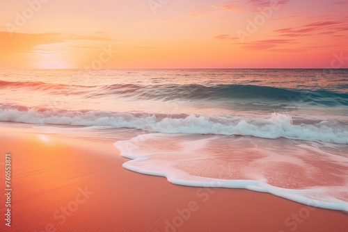 A serene beach at sunset, with the golden rays casting a warm glow on the sand and gently crashing waves. 