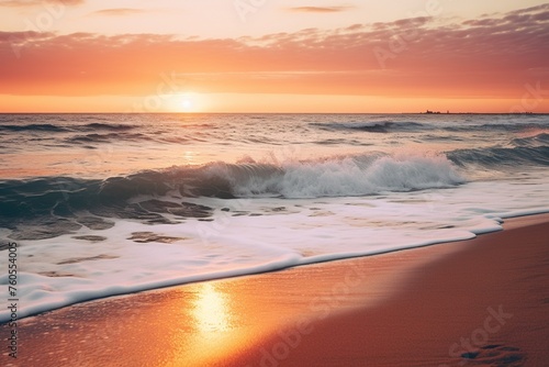 A serene beach at sunset  with the golden rays casting a warm glow on the sand and gently crashing waves. 
