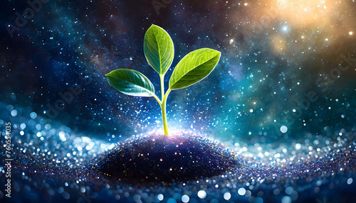 A sprout growing on stardust, space and universe, life in other planets concept