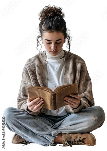 A young woman sitting cross-legged, holding a book open, isolated on transparent background.