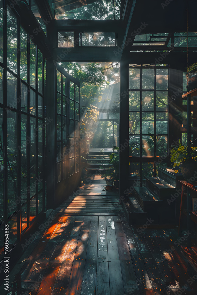 The suns rays filter through the glass windows of the city greenhouse, casting tints and shades on the plants. Metal walkways reflect the light across the steel landscape, breaking up the darkness