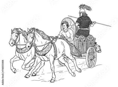 Photos An ancient Celtic chariot on the attack. Historical drawing.