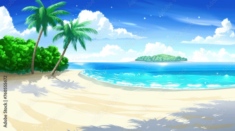 Animated Sandy tropical beach with island on background 