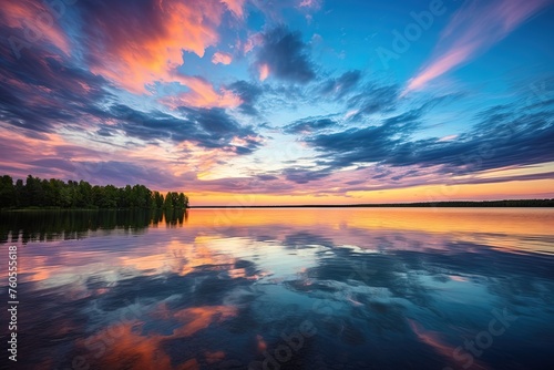 Bright colorful golden clouds at sunset over a beautiful calm forest lake reflecting the sky 