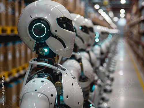 Humanoid robots in warehouse. Modern automation and artificial intelligence concept
