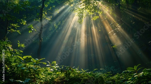 Natural Forest of Spruce Trees  Sunbeams through Fog create mystic Atmosphere