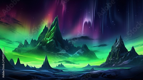 A surreal scene of a neon aurora borealis illuminating an alien mountain range 
