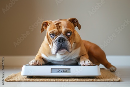 Bulldog's weight check moment, capturing a blend of concern and cuteness. Concept of pet health, wellness, and weight management
