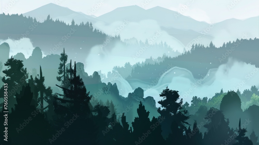 Misty landscape with fir forest  - obrazy, fototapety, plakaty 