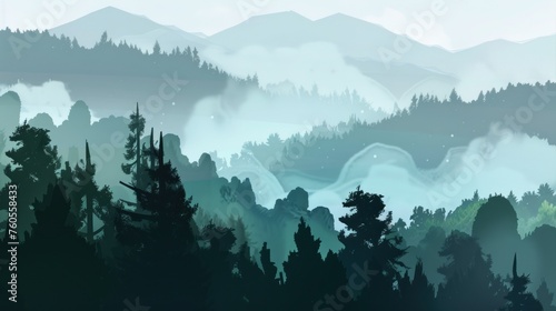Misty landscape with fir forest  photo