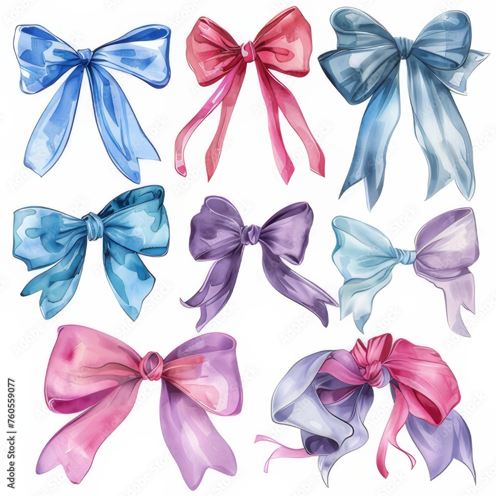 A clipart illustration showing various watercolor bows on a white background. A clipart illustration showing various watercolor bows on a white background.