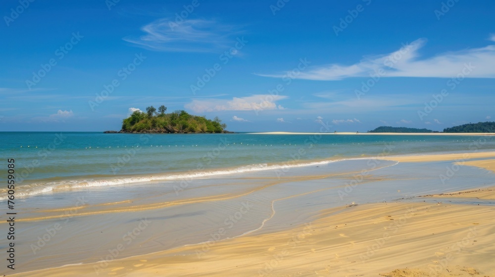 Sandy tropical beach with island on background 