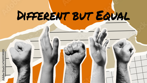 Hands in fist halftone style collage different but equal, born equal. international day for the elimination of racial discrimination banner  trendy retro Y2K design