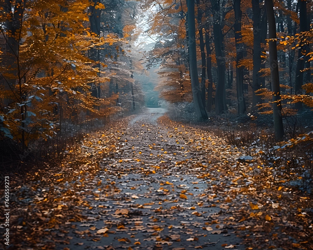 Fototapeta premium The quiet beauty of a forest path in autumn, leaves gently passing to the ground, symbolizing the cycle of life and nature’s serenity