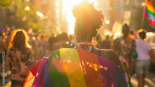 Inclusive image of a happy black gay woman celebrating new york pride parade wearing a rainbow flag on her back. Inclusion and ethnic diversuty at pride celebration in NYC. Happy queer woman photo