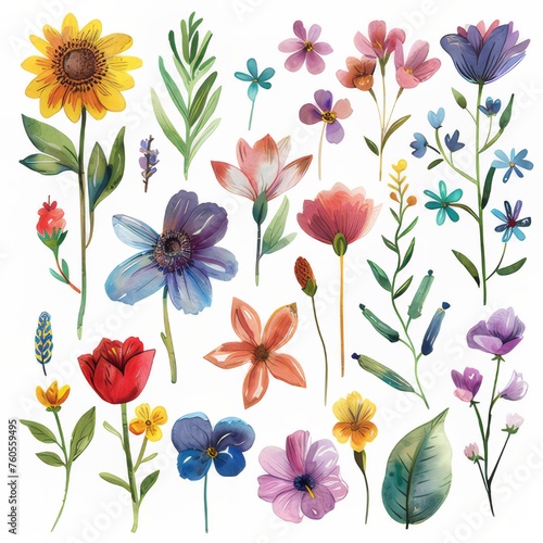 A clipart illustration with various watercolor flowers on a white background.