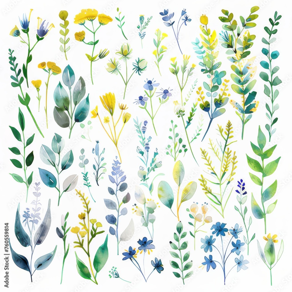 A clipart illustration showing various watercolor herbs on a white background.