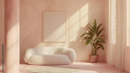 Pastel Coral Pink. Round sofa. Plant props A poster of the model with a square frame on an empty beige wall in the interior of the living room
