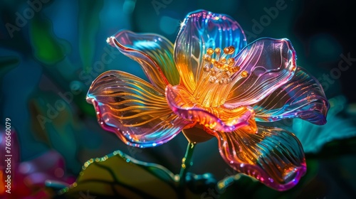 Glass or plastic flower on dark background with beautiful LED light spectrum