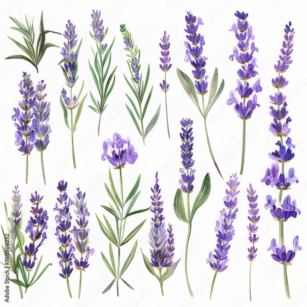 Fototapeta premium A clipart illustration showing various types of watercolor lavender on a white background.