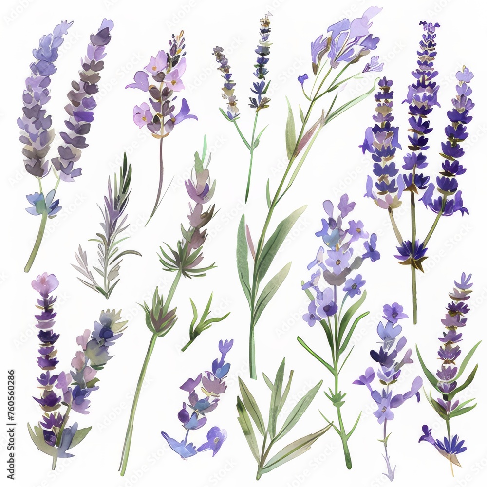A clipart illustration showing various types of watercolor lavender on a white background.