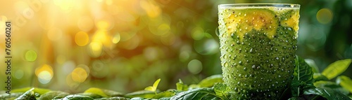 Green kiwi smoothie with chia seeds garnished with fresh mint. Vibrant healthy eating and detox concept with a bright bokeh background for posters and menus