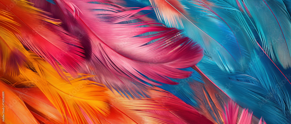 Colorful feathers create a soft and vibrant background, blending hues of pink, orange, and blue, perfect for nature-inspired decorations Colorful feathers create a soft and vibrant background, blending hues of pink, orange, and blue, perfect for nature-inspired decorations