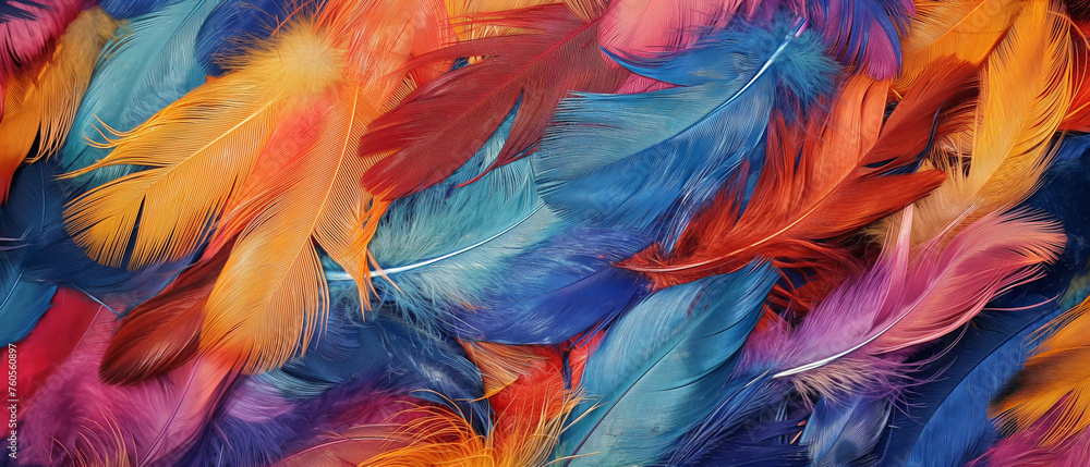 Colorful feathers create a soft and vibrant background, blending hues of pink, orange, and blue, perfect for nature-inspired decorations Colorful feathers create a soft and vibrant background, blending hues of pink, orange, and blue, perfect for nature-inspired decorations
