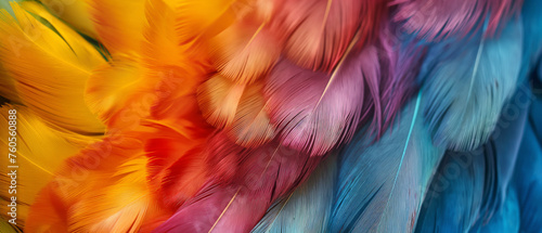 Colorful feathers create a soft and vibrant background, blending hues of pink, orange, and blue, perfect for nature-inspired decorations