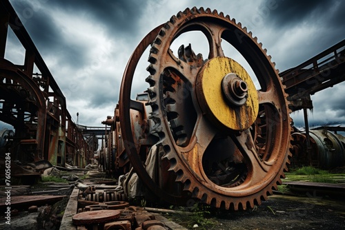 A Detailed View of an Aged Metal Plate in an Industrial Setting with Old Machinery and Overcast Sky