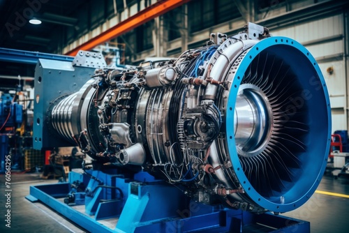 Close-Up Shot of an Aircraft Engine Nacelle in an Industrial Setting with Machinery Parts in the Background
