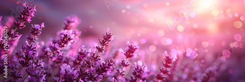 pink and purple Lavender field background on blurred background, banner , copy space
