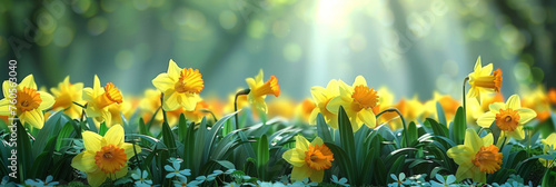 yellow daffodils in the grass with blue sky and sunlight background, yellow flower in field,spring flower, banner