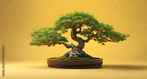 bonsai Tree in a special pot, isolated on a yellow background, banner, copy space, against a yellow wall
