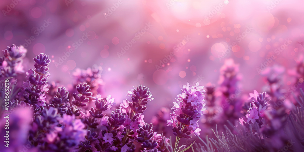 Naklejka premium pink and purple Lavender field background on blurred background, banner , copy space