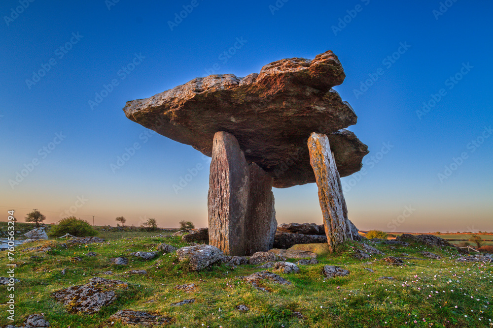 Poulnabrone portal tomb in Burren at sunrise, Ireland