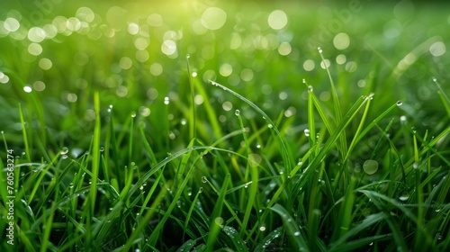 Green grass with water drops. Beauty and purity of environment