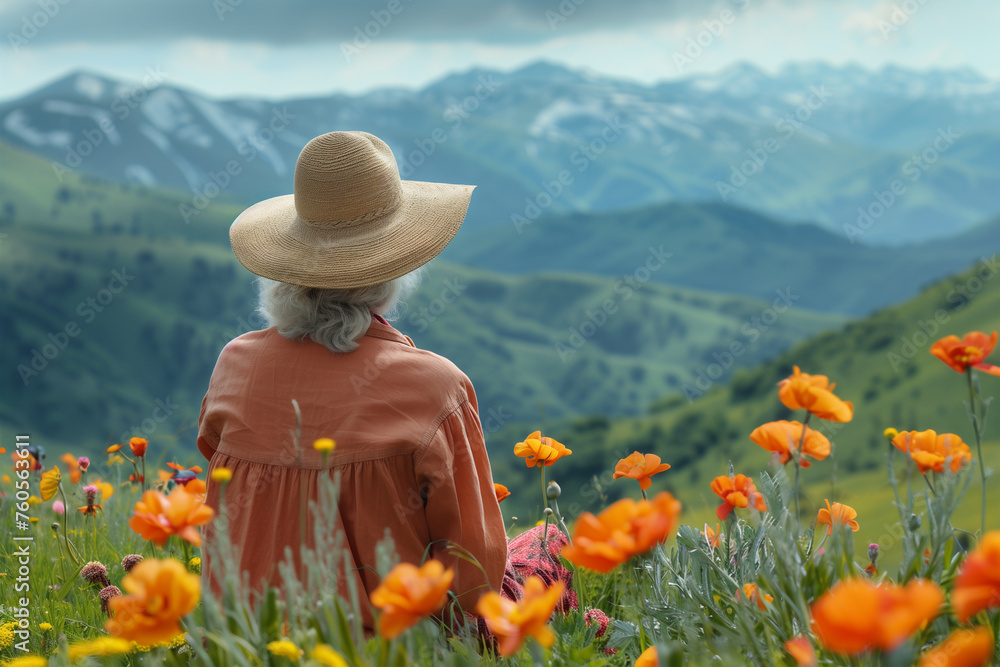 A woman in a peach hat standing in a field of flowers, looking towards the horizon