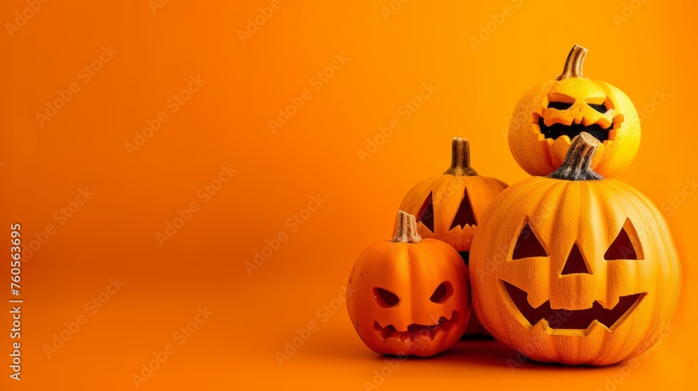 Halloween background. Halloween pumpkins on orange background. Copy space Halloween background. Halloween pumpkins on orange background. Copy space