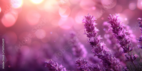 pink and purple Lavender field background on blurred background, banner , copy space